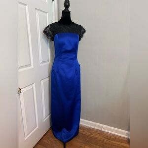 Cobalt blue satin with black lace bridesmaids gown. Size 12. Like new!!